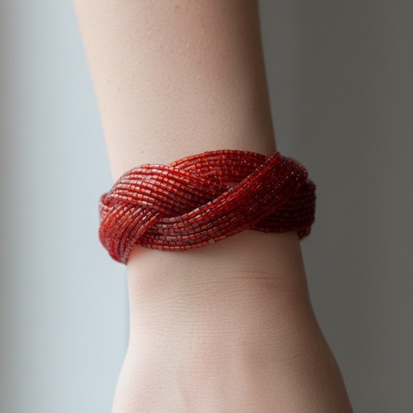 Twisted Flexible Seed Bead Braided Cuff Bracelet – Red - Picture 4 of 11